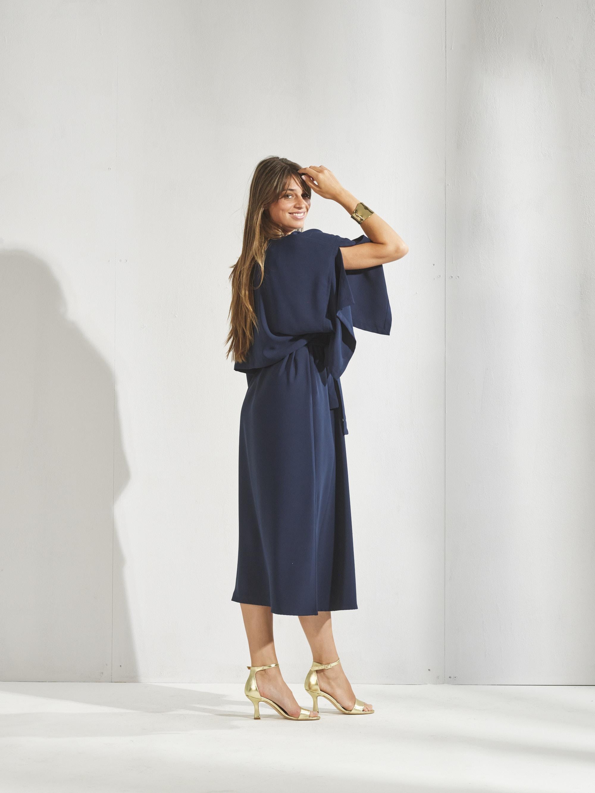 Mouwloze jurk met afneembare cape - Navy
