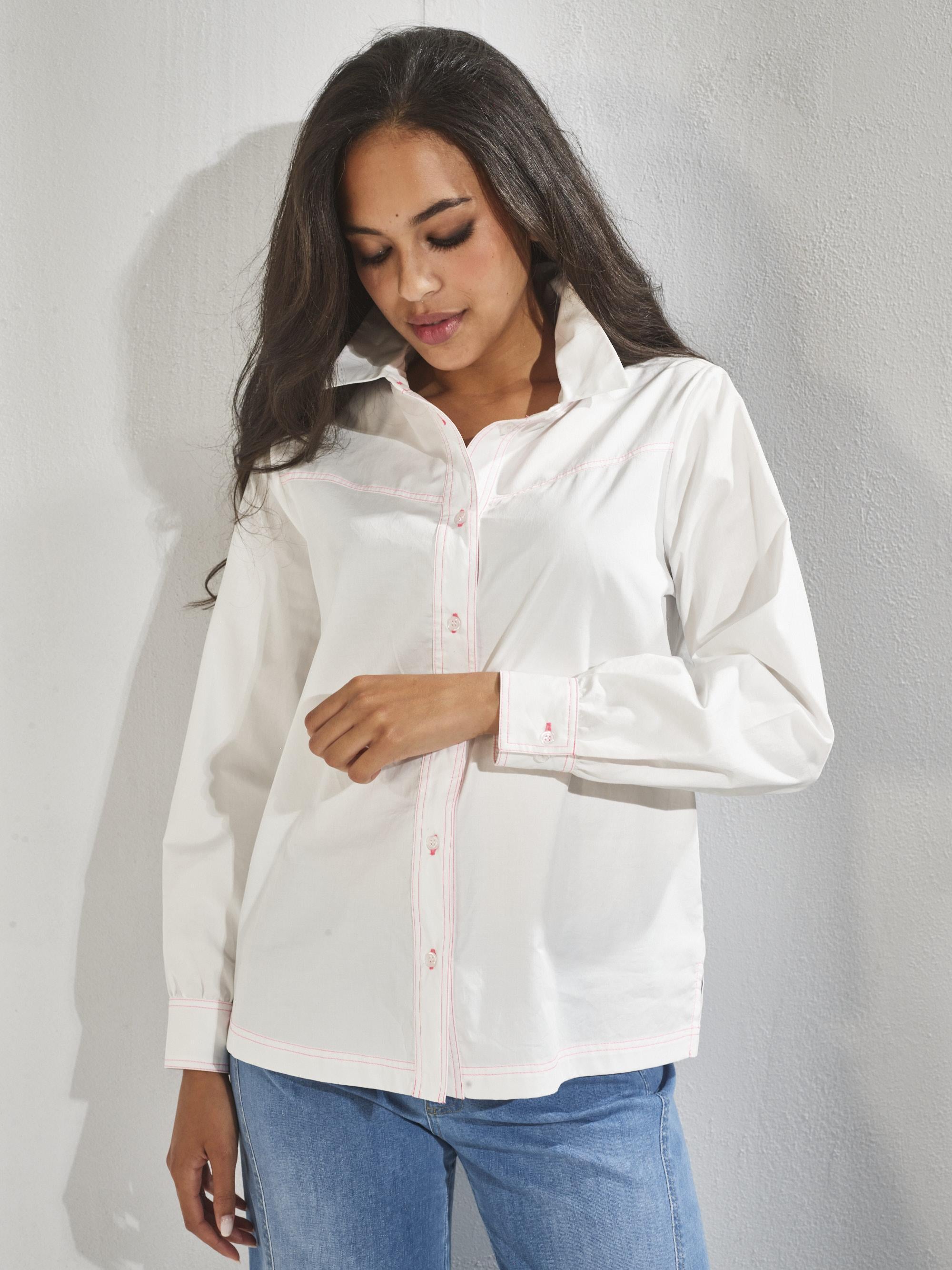 Blouse met gekleurde stikking - Fluo Roze