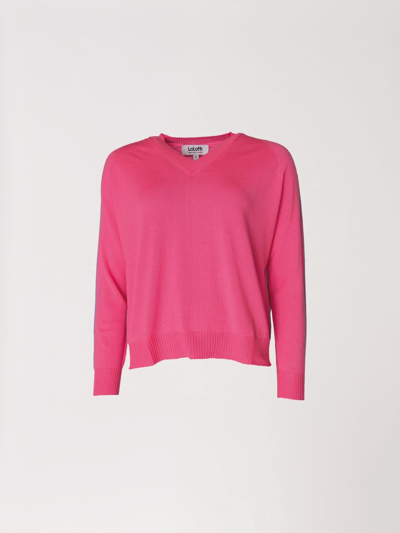 Trui met v-hals en mouw detail - Fuxia lichtblauw