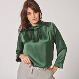 Satijnen blouse met opstaande kraag - Bottlegreen