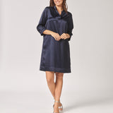 Satijnen jurk met v-hals - Navy