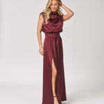 Satijnen avondjurk met split - Burgundy