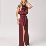 Satijnen avondjurk met split - Burgundy