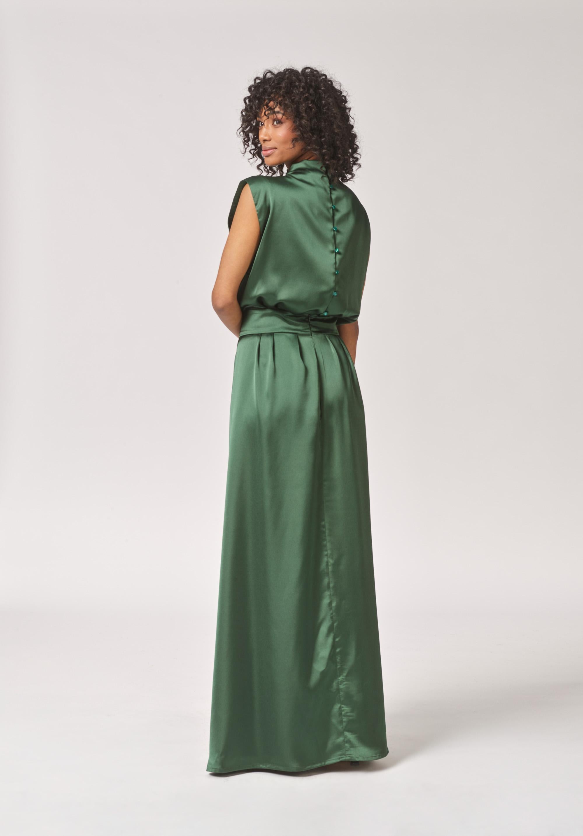 Satijnen avondjurk met split - Bottlegreen