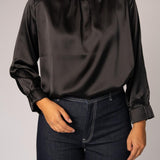 Satijnen blouse met opstaande kraag - Black