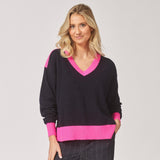 v-hals pull met kleurdetail - Marine / Pink