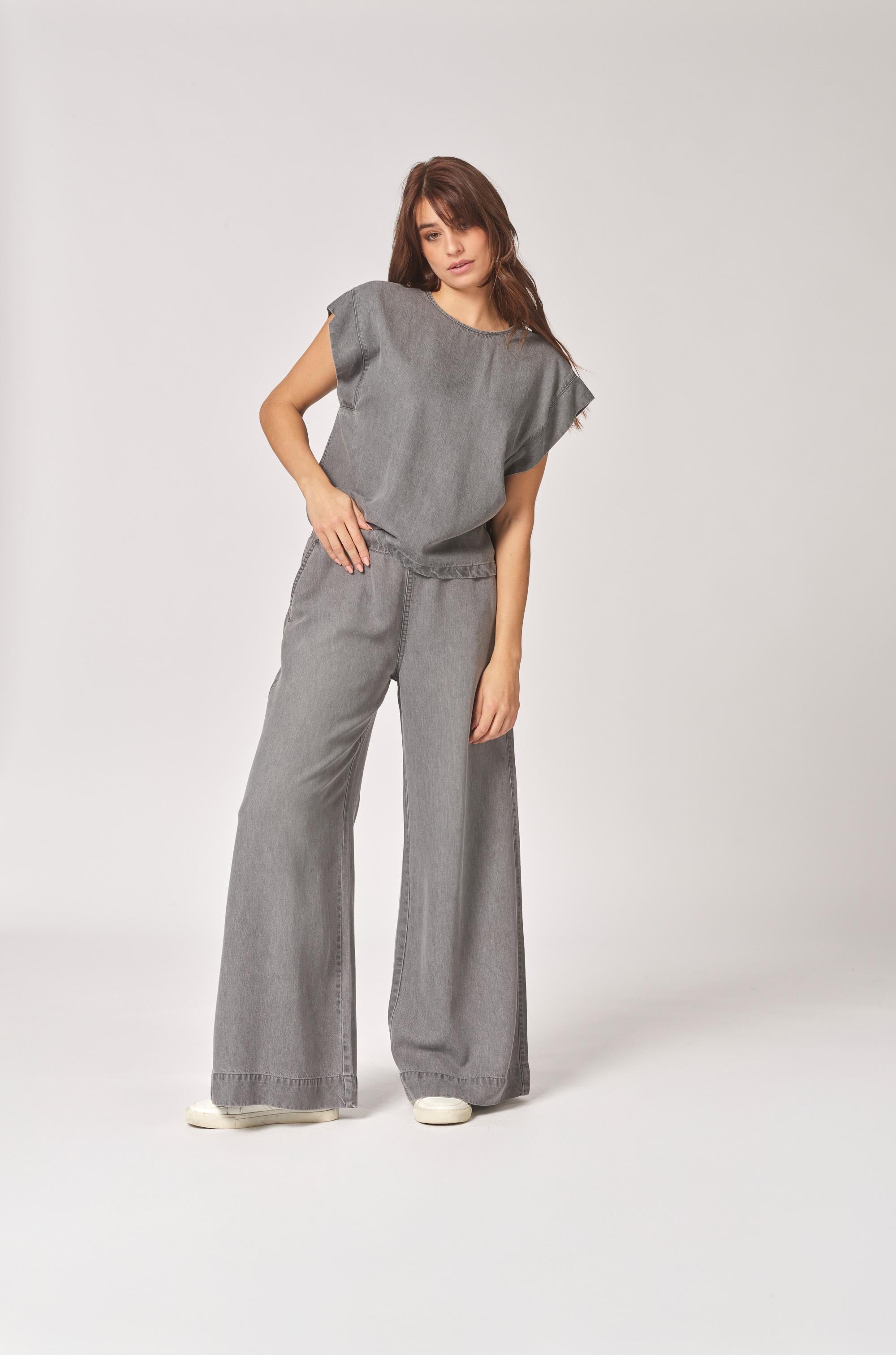 Soepelvallende blouse met korte mouwen - Light Grey