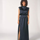 Satijnen avondjurk met split - Navy
