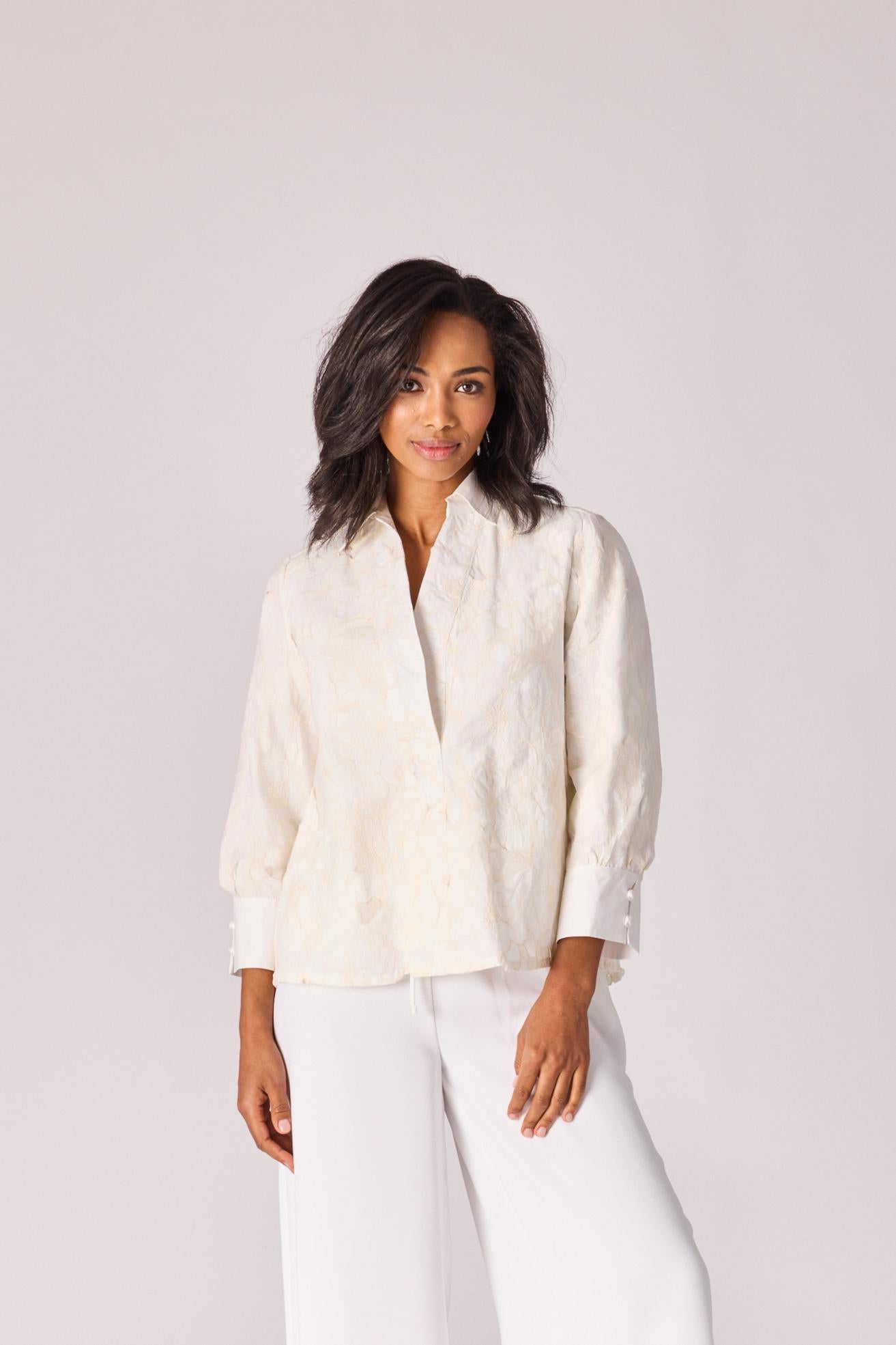 Blouse in bloemenkant - Ecru