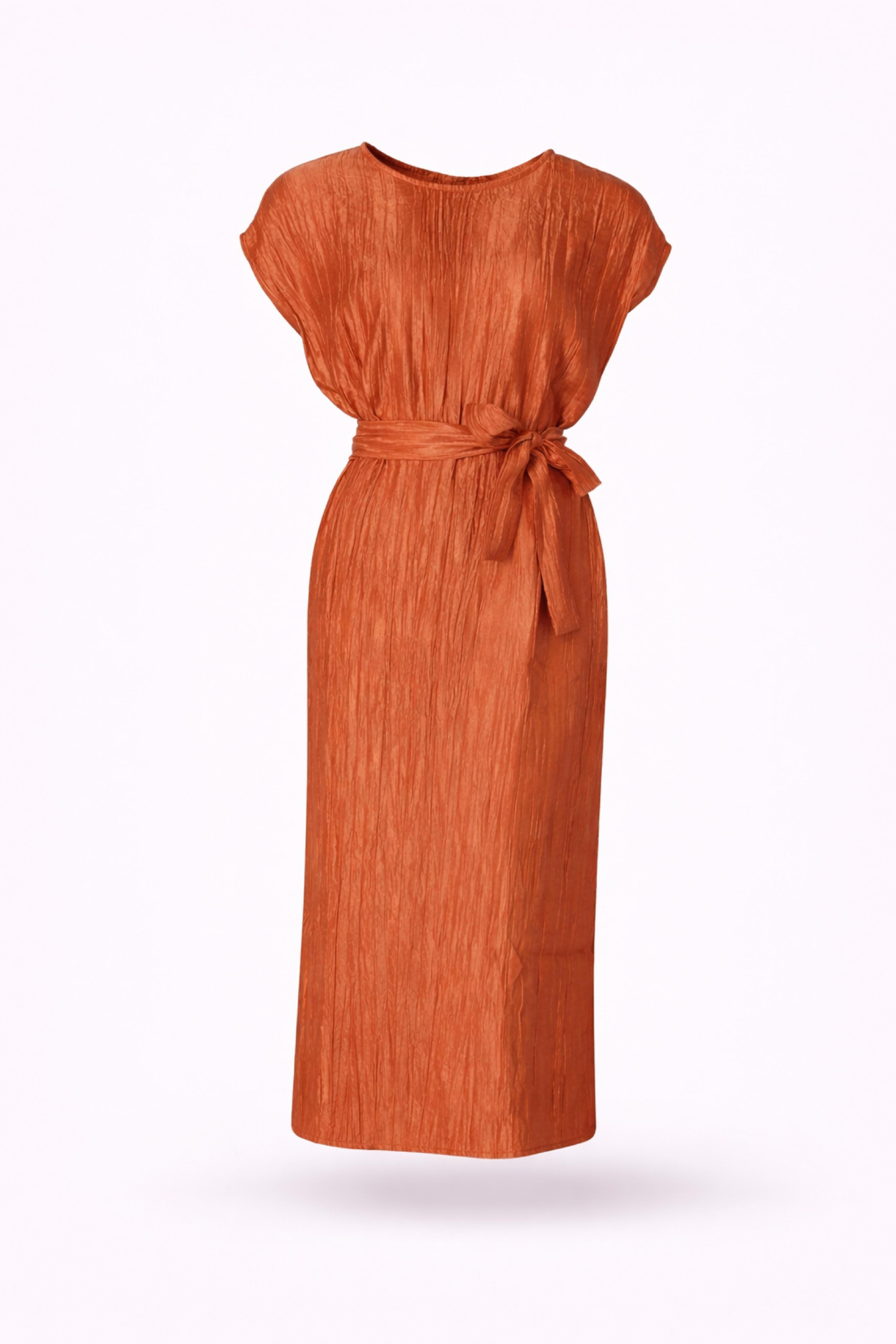 Lange jurk in frippé stof - Burnt orange