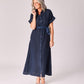Lange linnen jurk met tailleriem - Navy