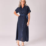 Lange linnen jurk met tailleriem - Navy