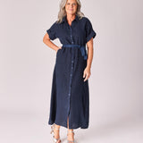 Lange linnen jurk met tailleriem - Navy
