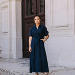 Lange linnen jurk met tailleriem - Navy
