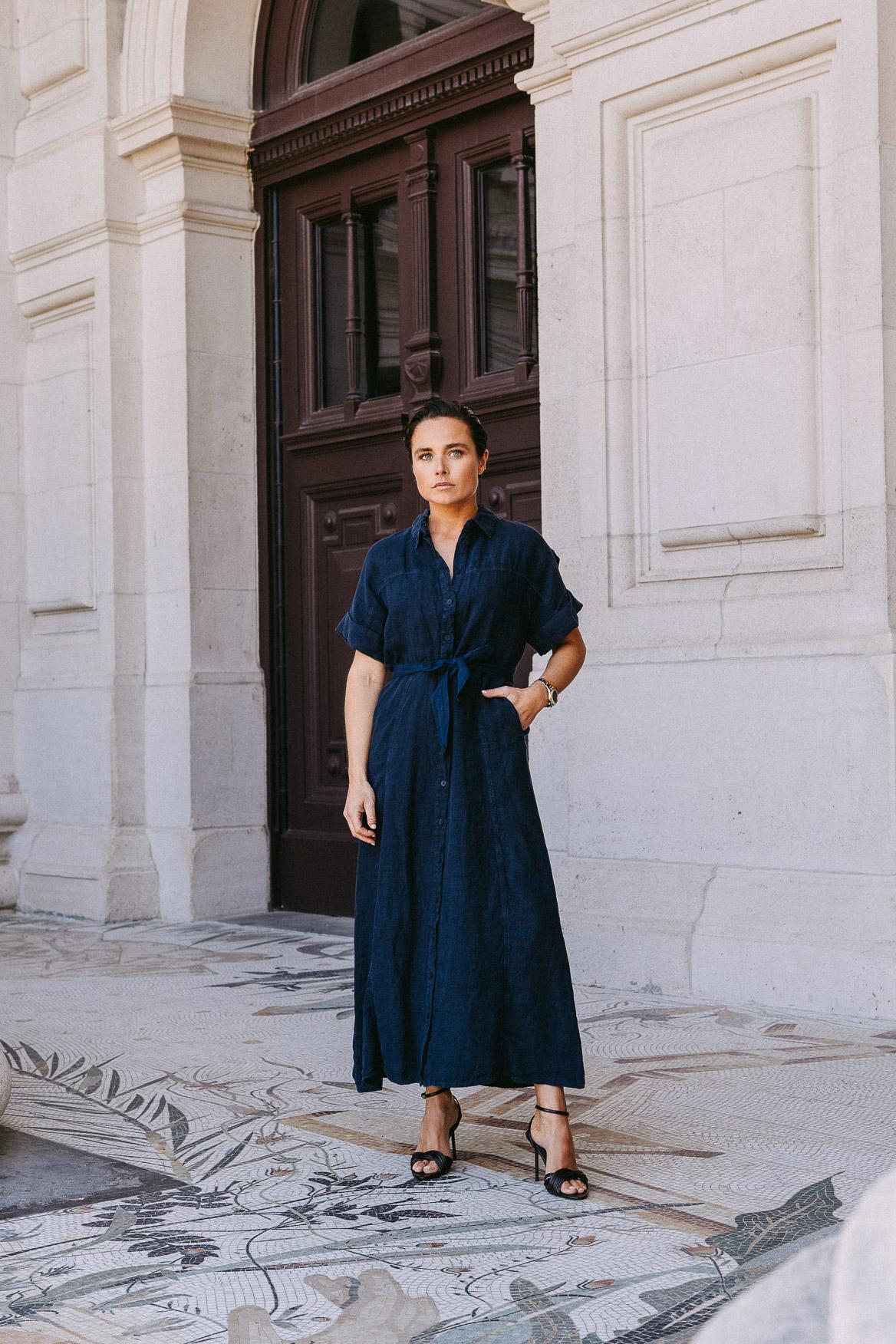 Lange linnen jurk met tailleriem - Navy