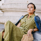 Lange linnen jurk met tailleriem - Olive