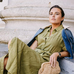 Lange linnen jurk met tailleriem - Olive