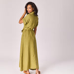 Lange linnen jurk met tailleriem - Olive