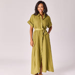 Lange linnen jurk met tailleriem - Olive