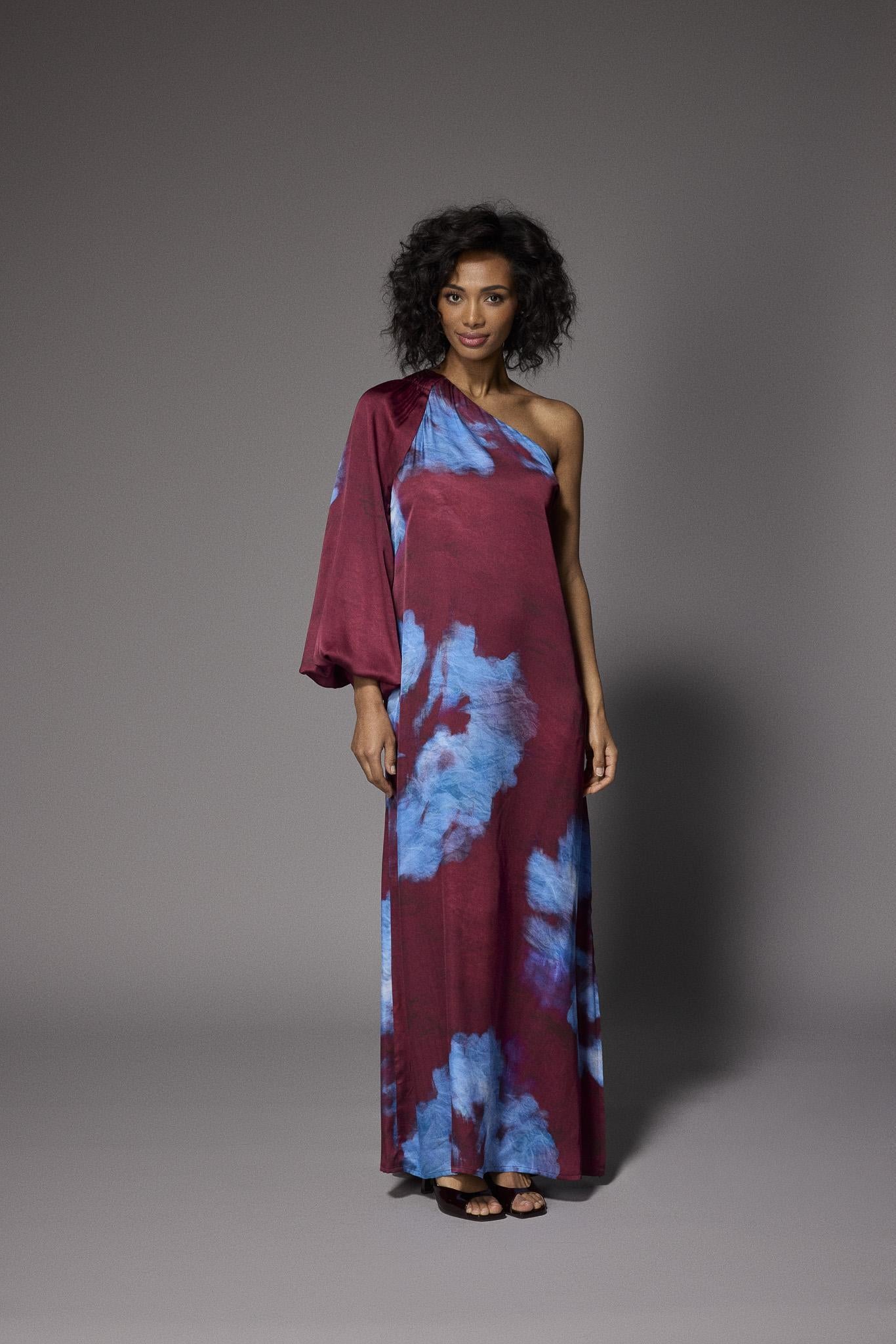 Kansas one-shoulder jurk - Burgundy Flowers