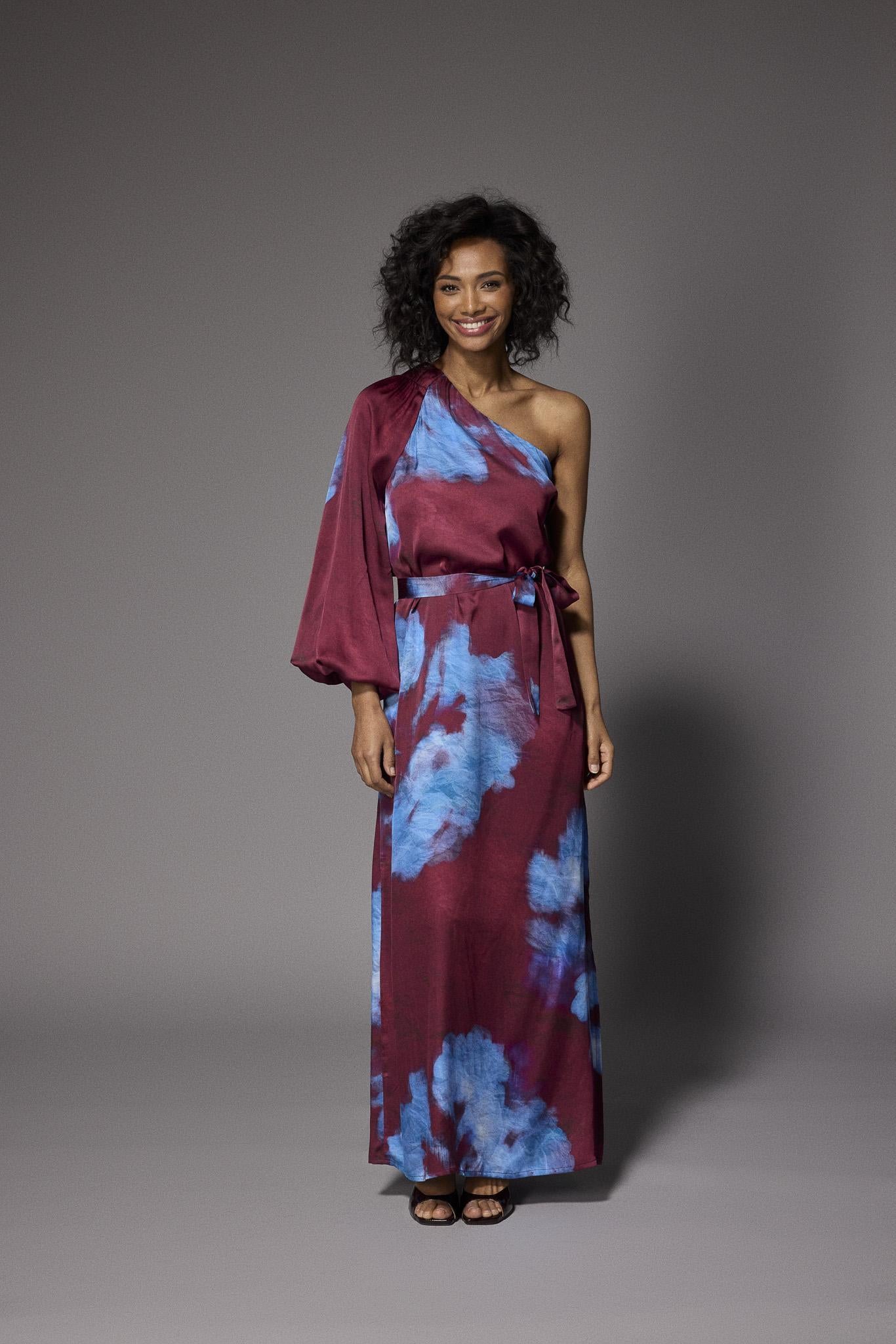 Kansas one-shoulder jurk - Burgundy Flowers