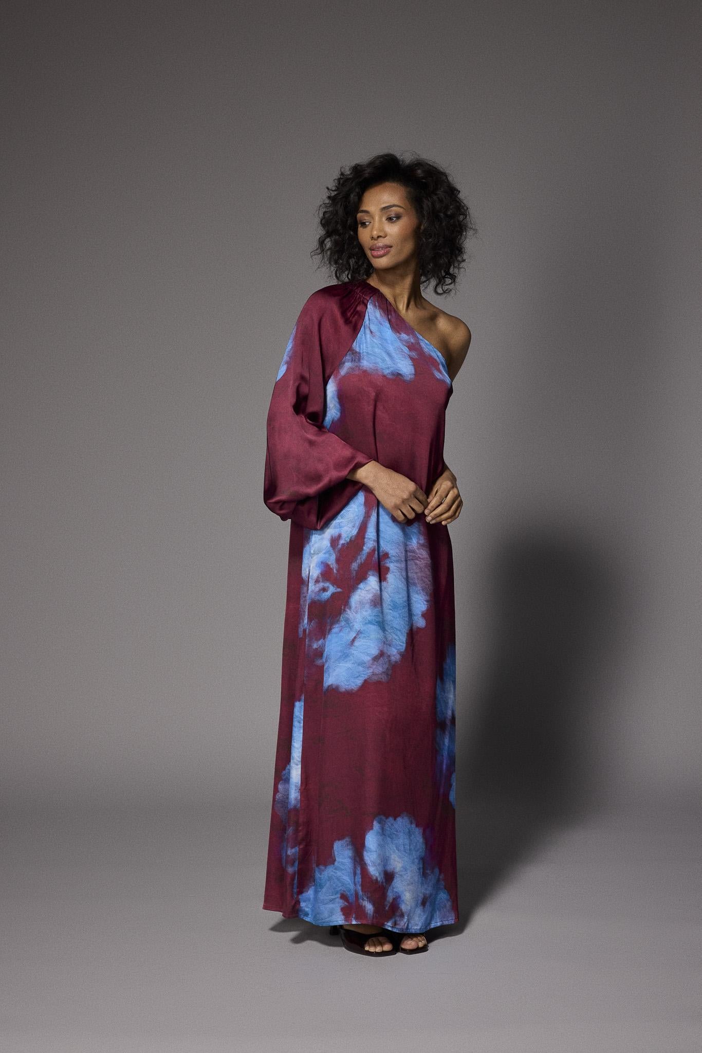Kansas one-shoulder jurk - Burgundy Flowers