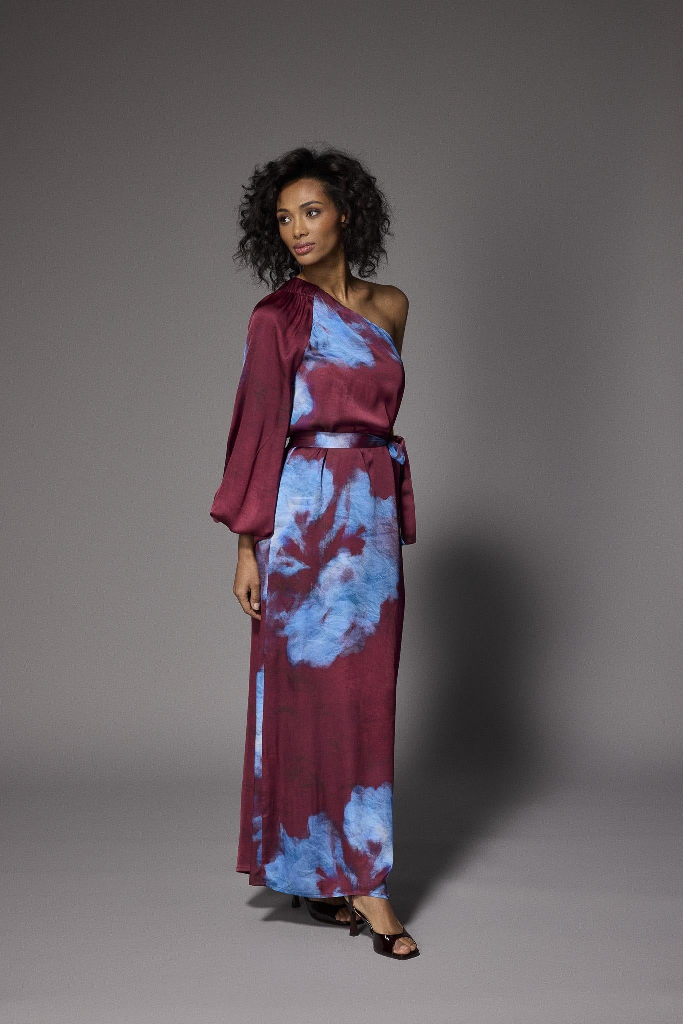 Kansas one-shoulder jurk - Burgundy Flowers