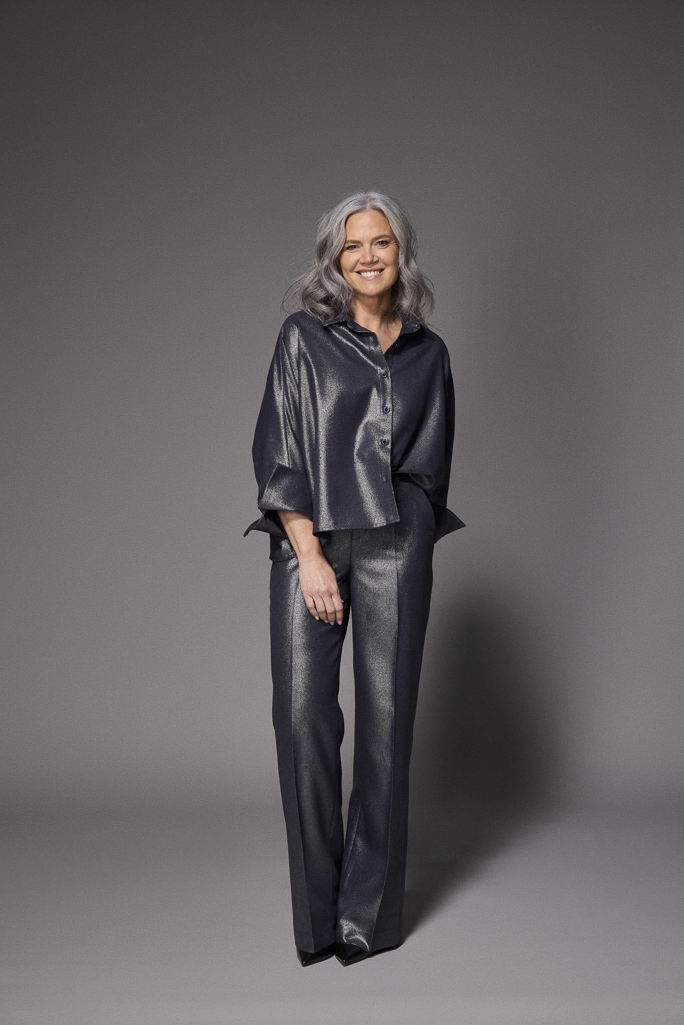 Odelia glitter wide leg broek - Shiny Navy