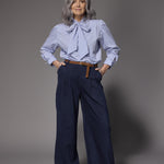 Oda blouse met striklint - Light blue / Camel stripe