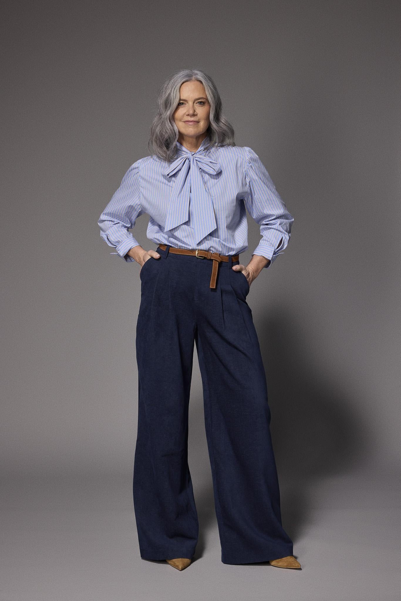 Oda blouse met striklint - Light blue / Camel stripe