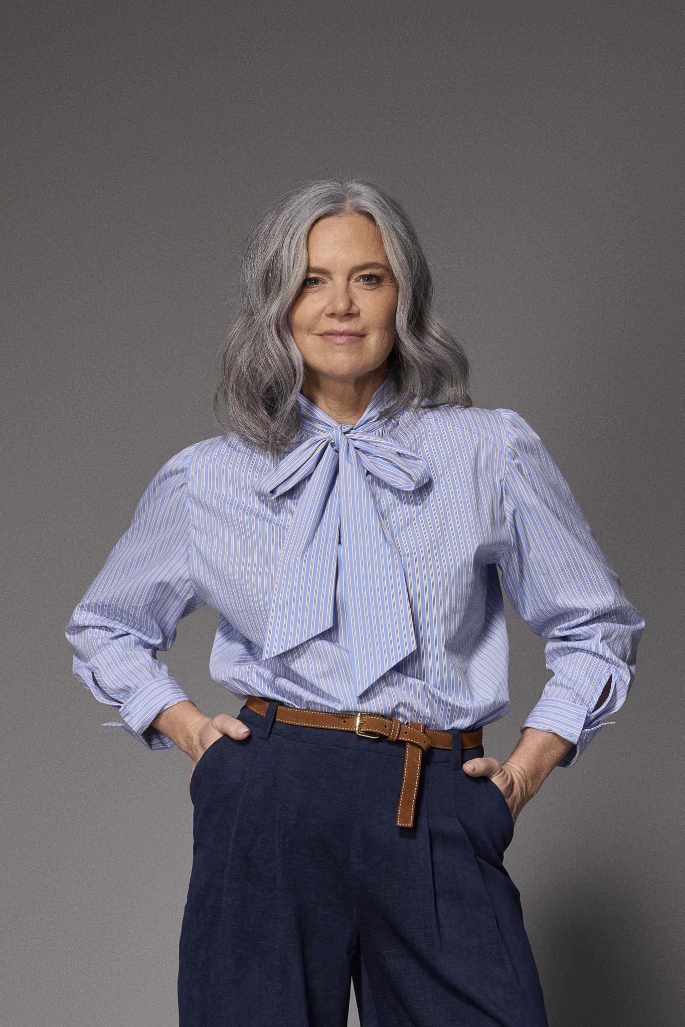 Oda blouse met striklint - Light blue / Camel stripe