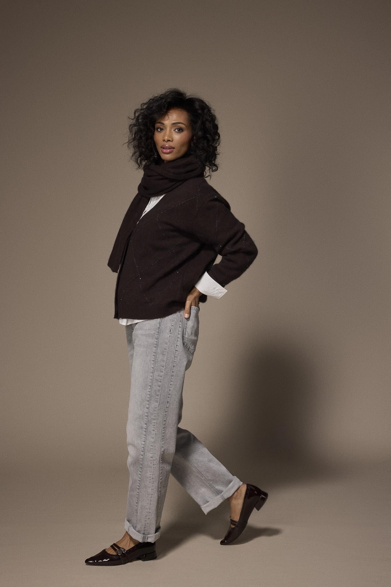 Gloria gilet met glitter dessin - Dark Brown