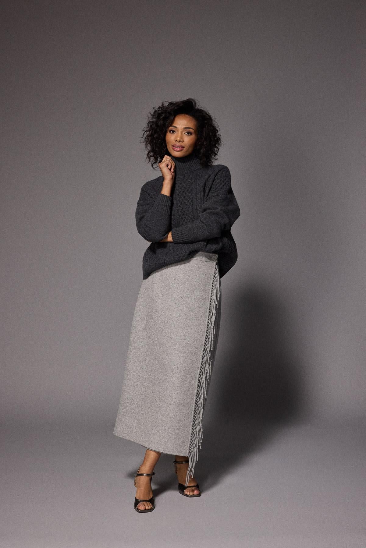 Fran lange rok met franjes - Grey