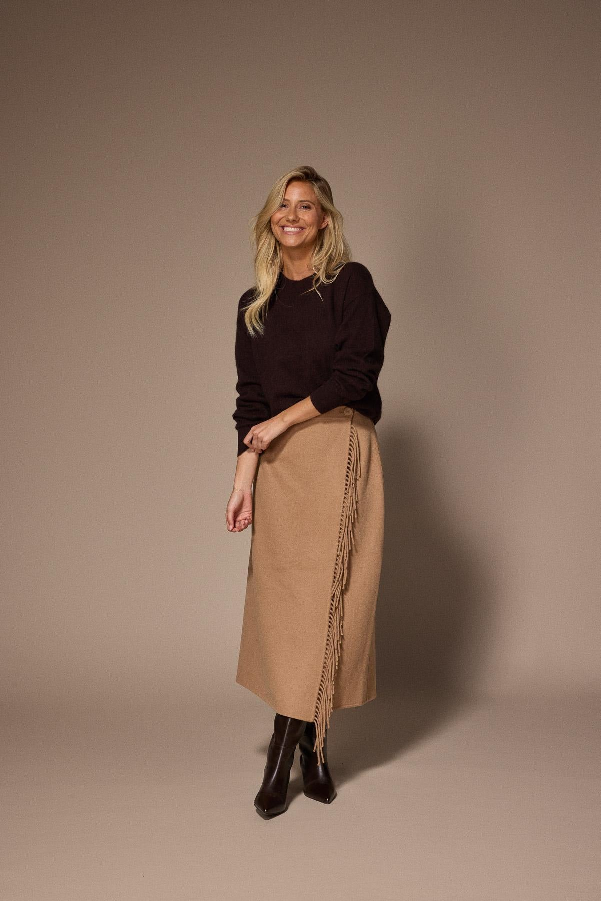 Fran lange rok met franjes - Camel