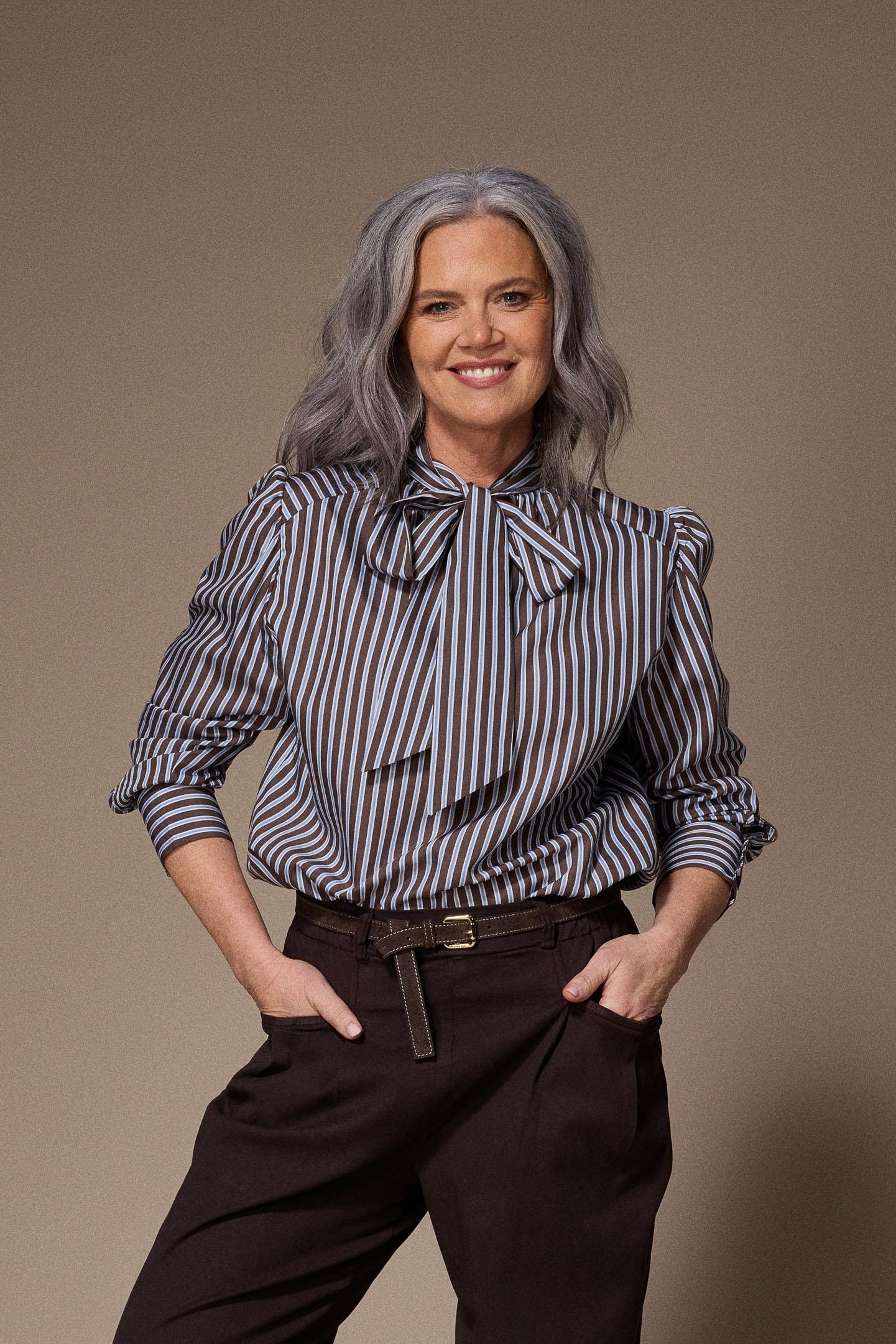 Oda blouse met striklint - Brown / Blue stripe