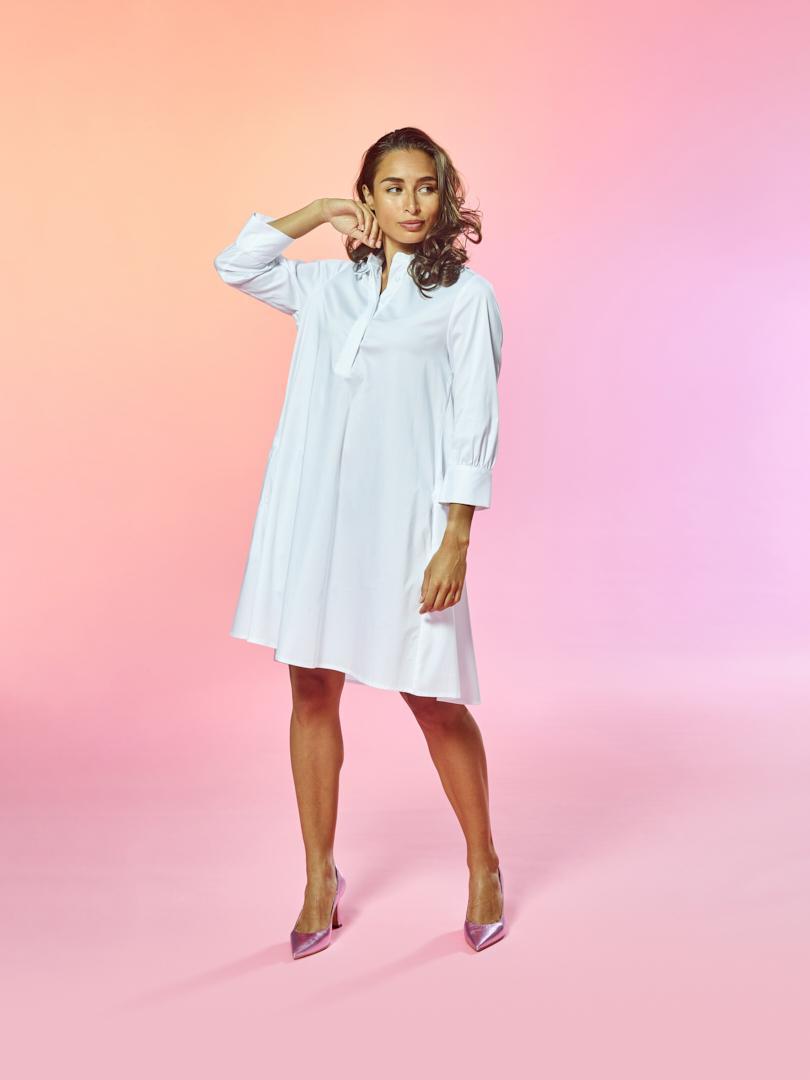 Katoenen A-lijn jurk met hemdkraag - Wit