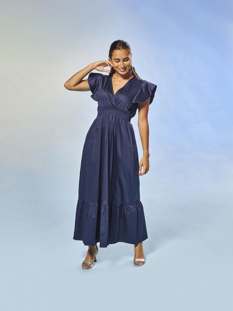 Lange jurk uit katoen met rekker in taille - Donkerblauw