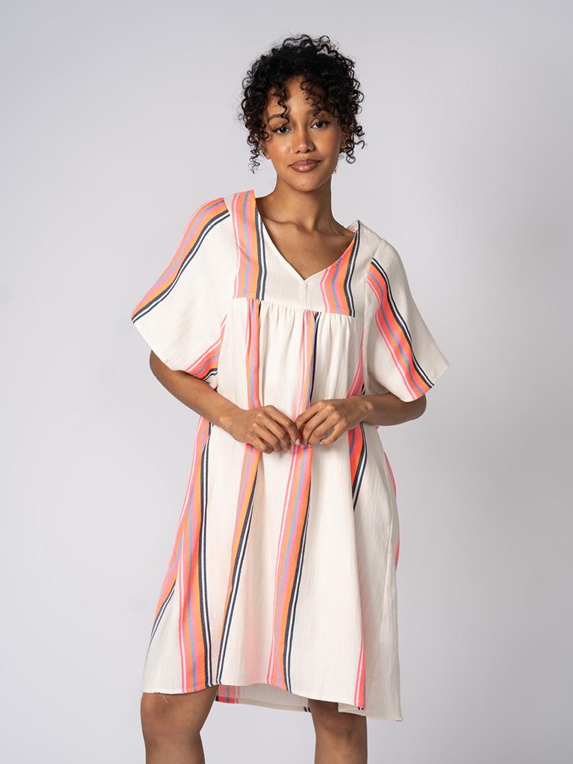 Korte jurk met v-hals en wijde mouwen - Meerkleurig Ecru/ Roze