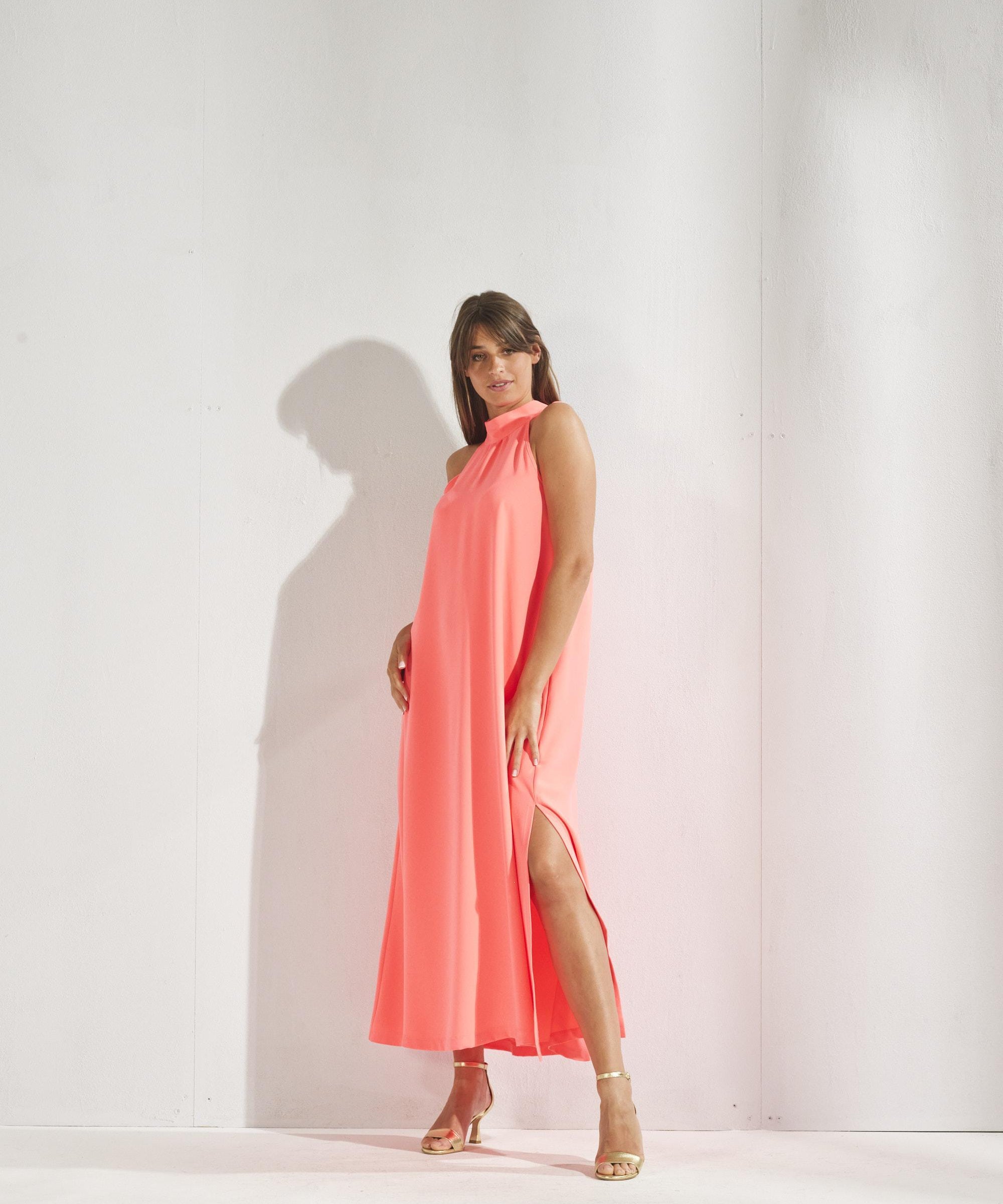 Lange jurk met halternek - Fluo oranje
