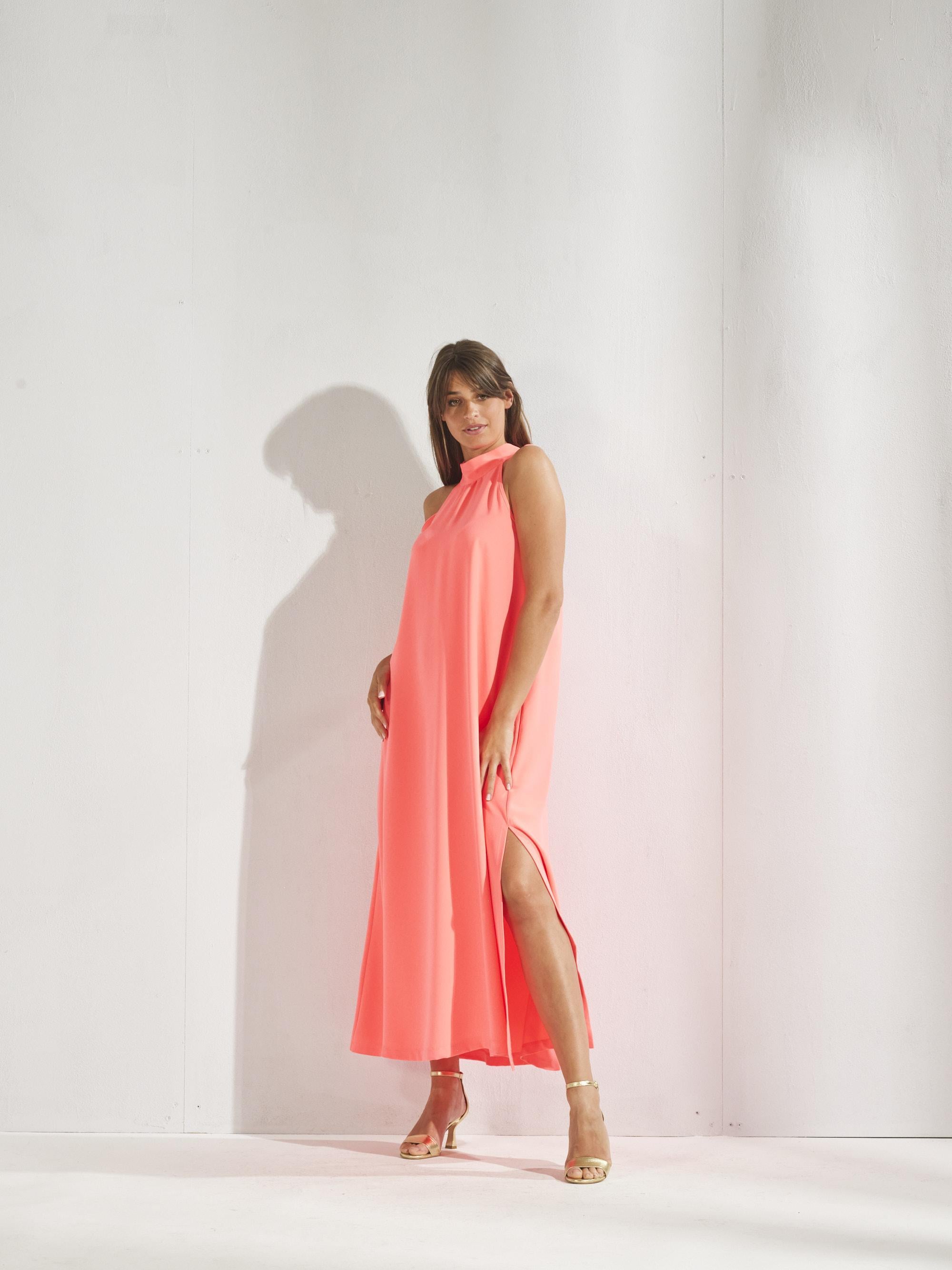 Lange jurk met halternek - Fluo oranje