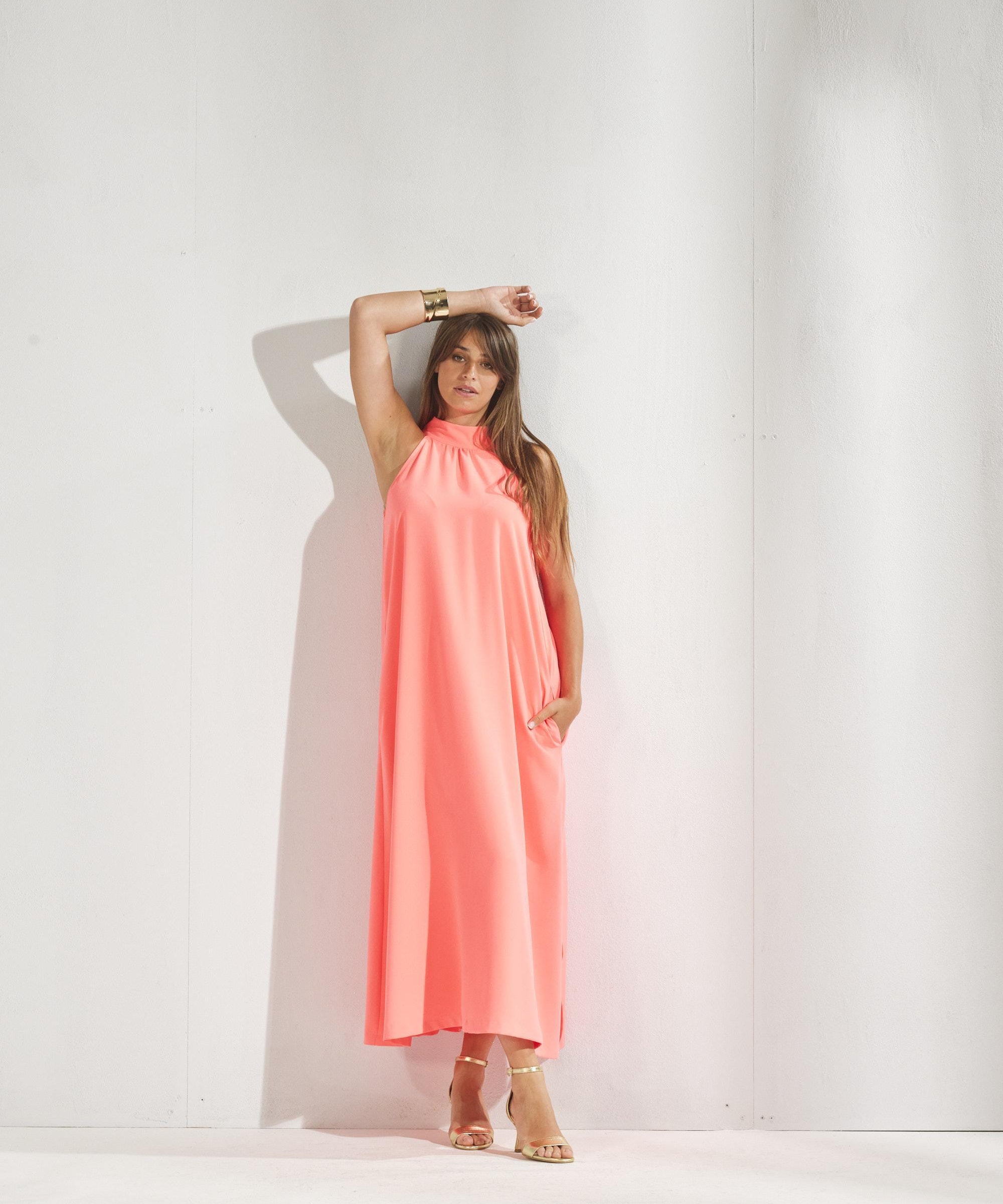Lange jurk met halternek - Fluo oranje