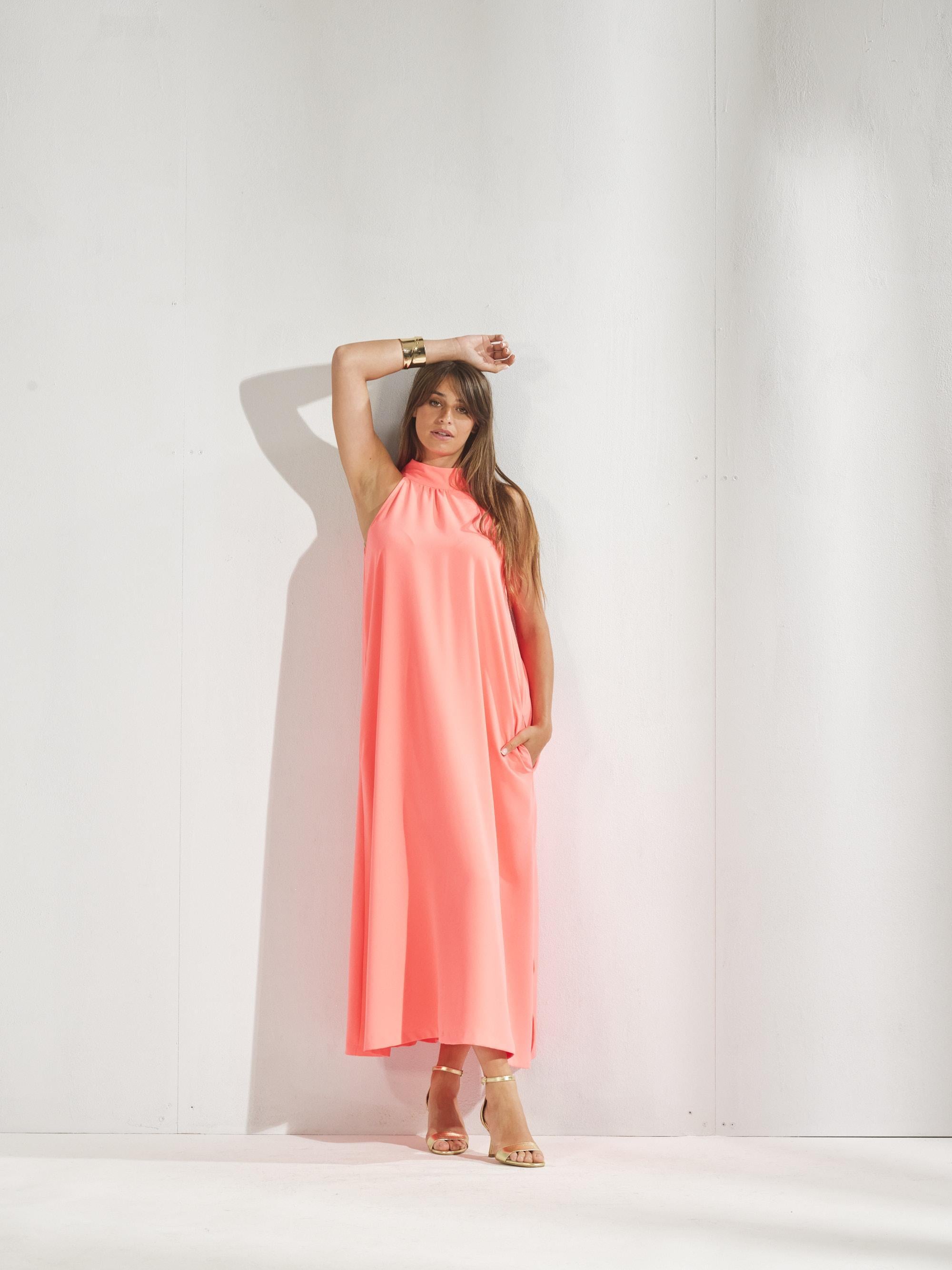 Lange jurk met halternek - Fluo oranje