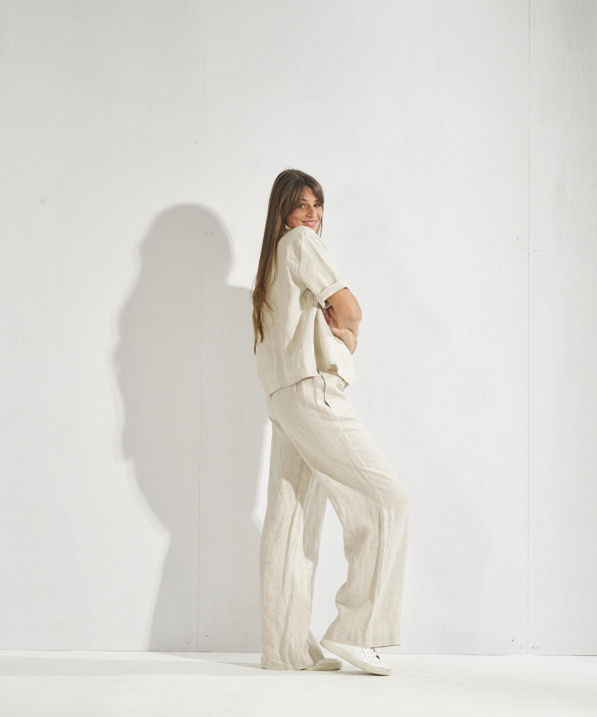 Linnen broek met bandplooien - Naturel