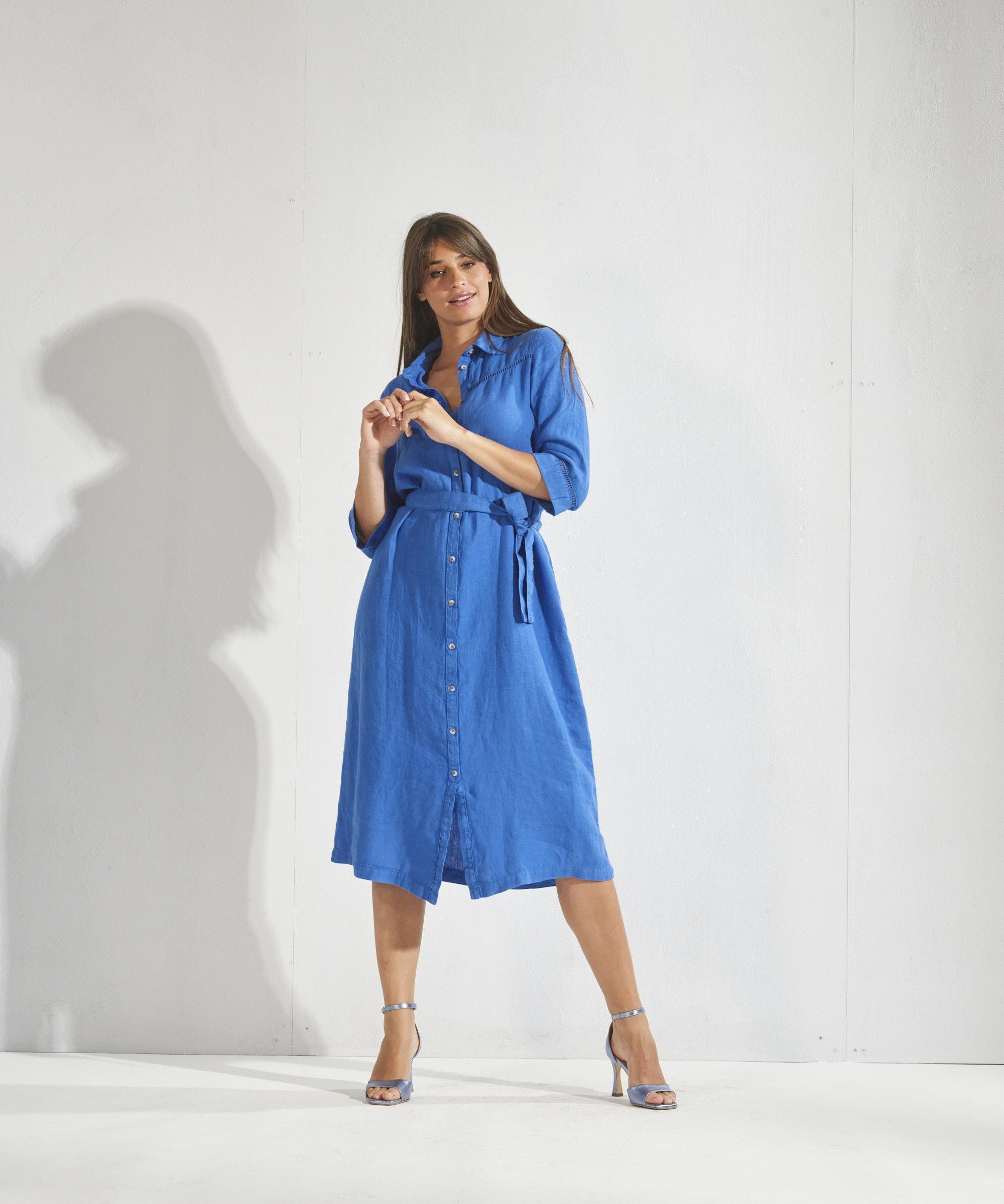 Lange linnen jurk met tailleriem - Skyblauw