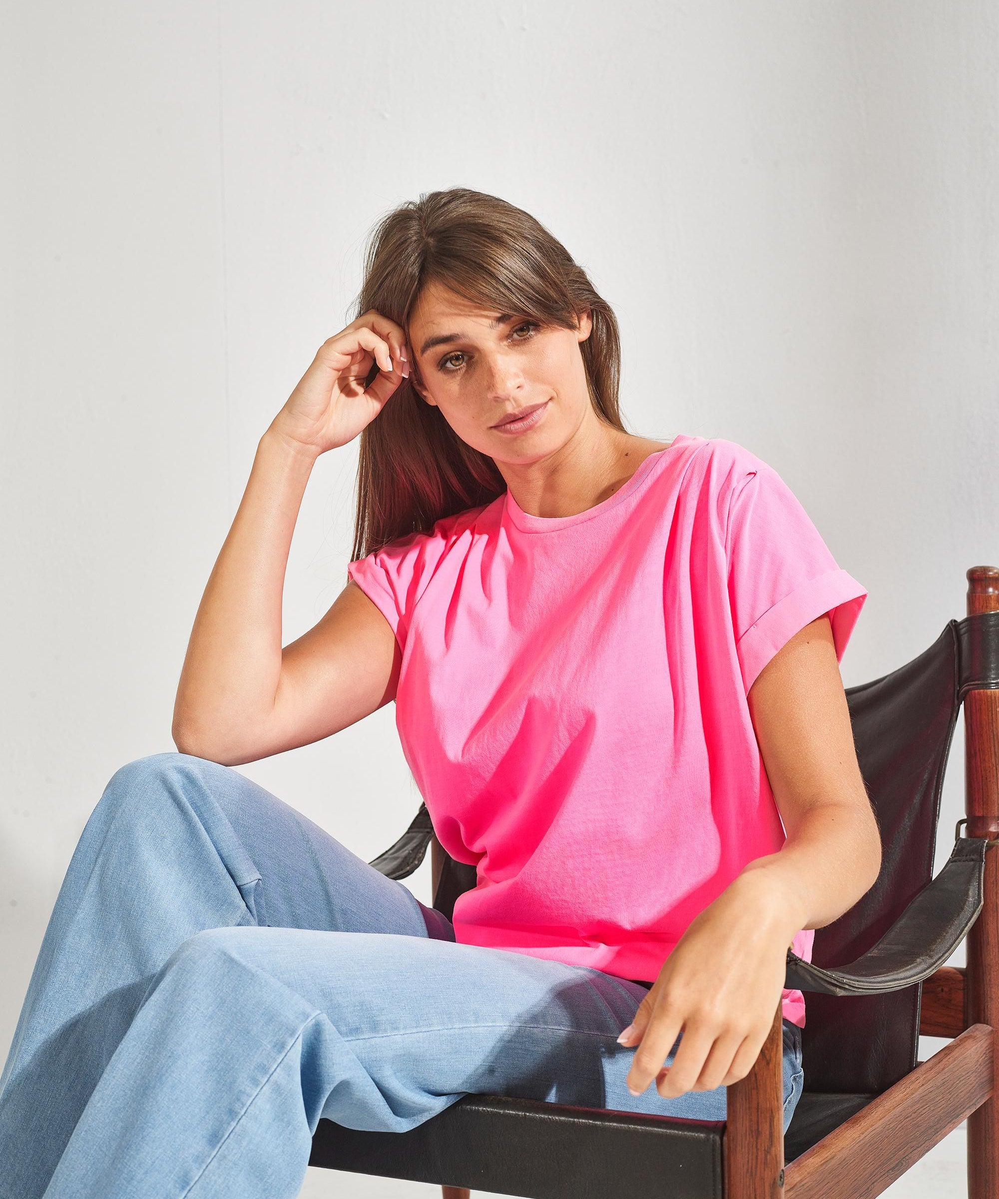 T-shirt met plooien op schouder - Fluo roze
