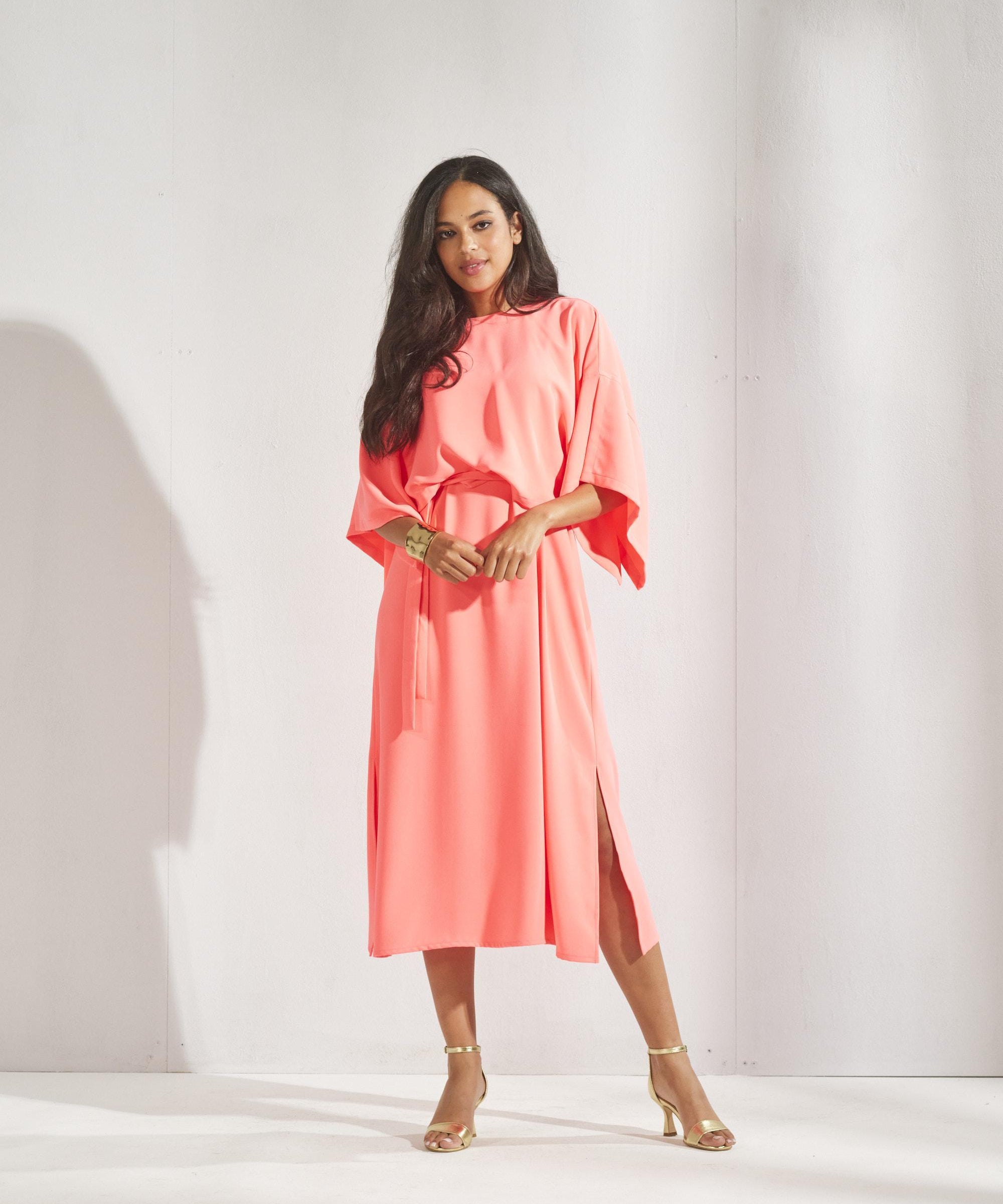 Mouwloze jurk met afneembare cape - Fluo oranje