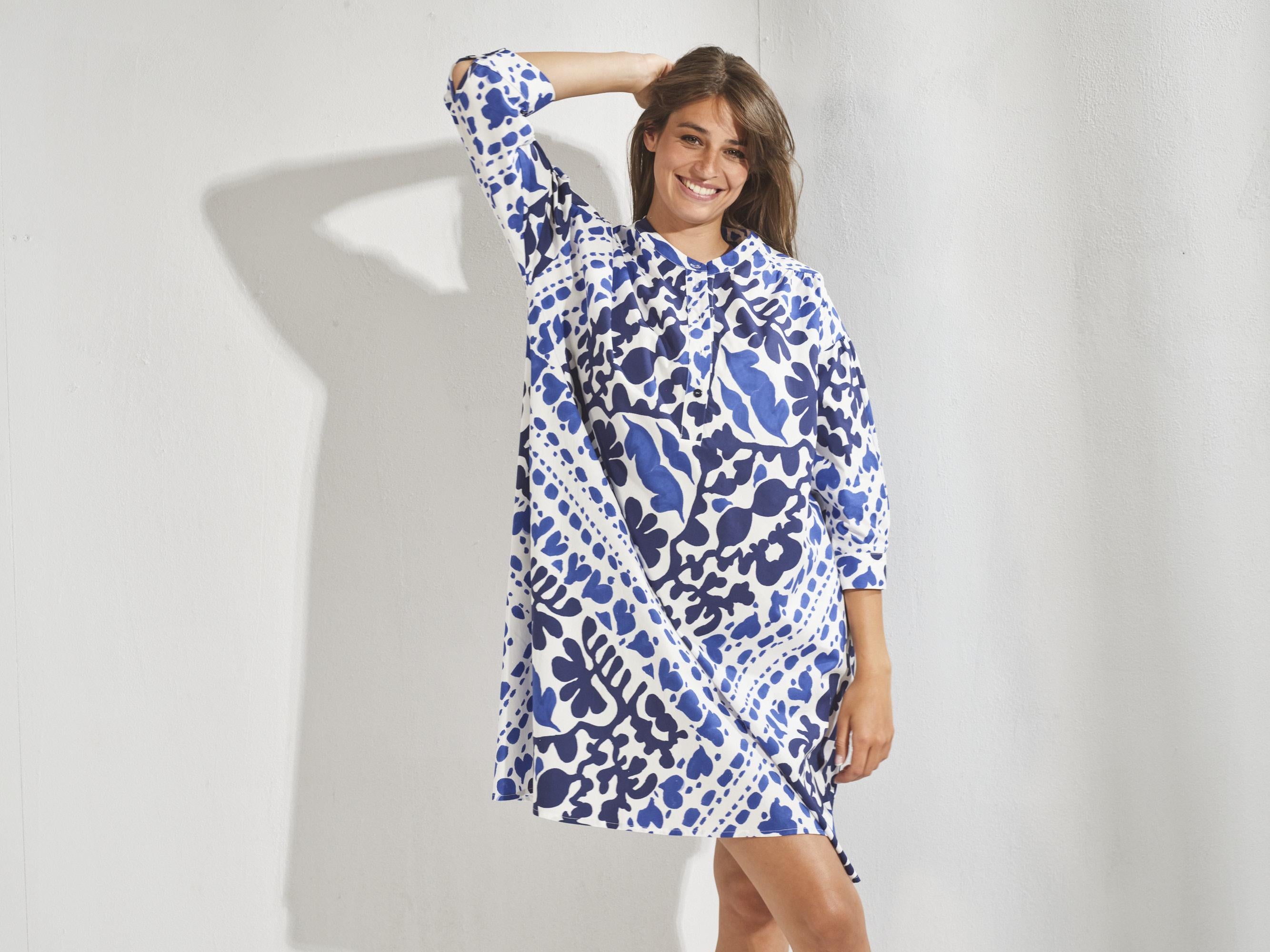 Korte katoenen jurk met print - Santorini blue