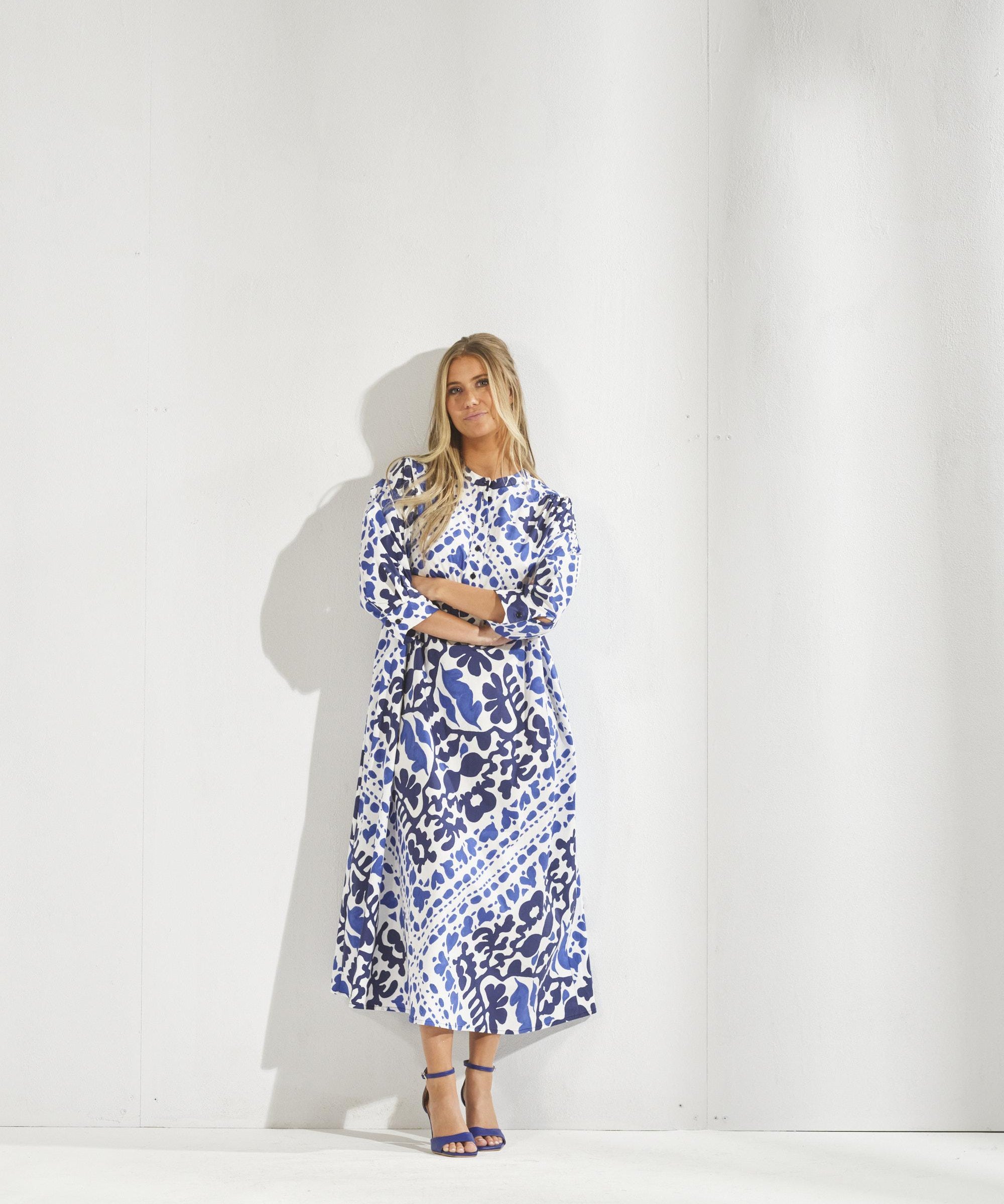 Lange katoenen jurk met print - Santorini blue
