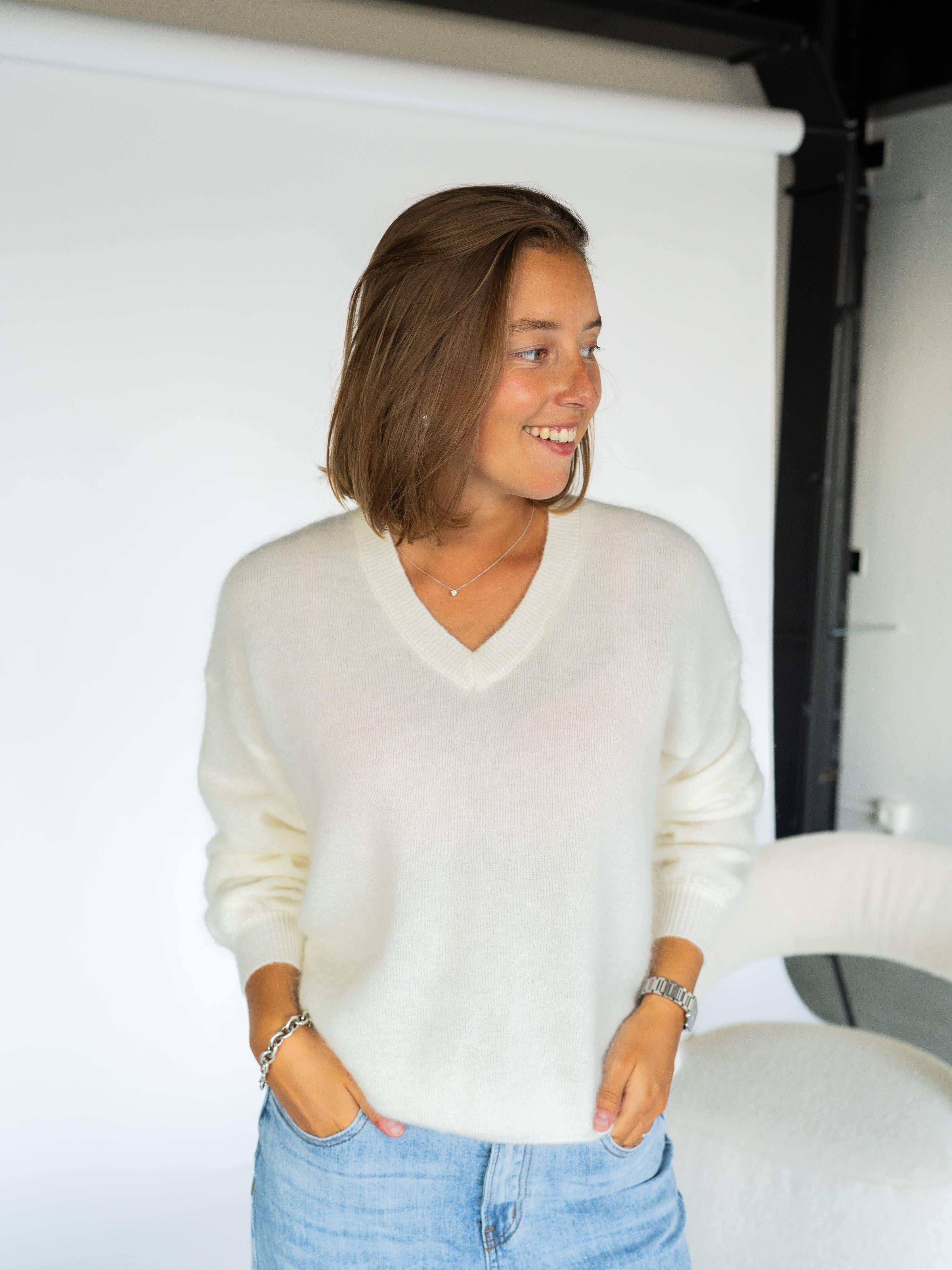 Pull in mohair met v-hals - Ecru