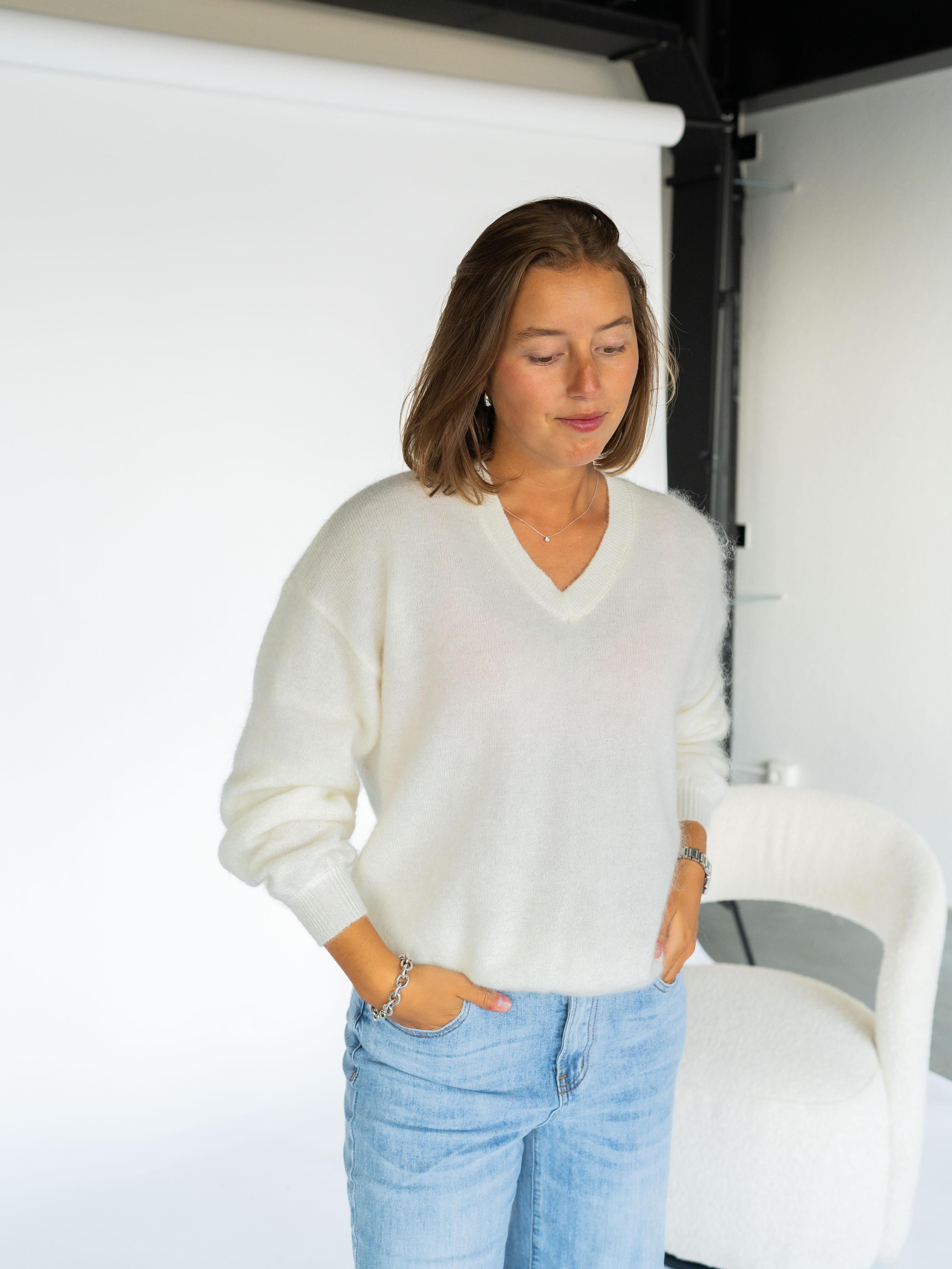 Pull in mohair met v-hals - Ecru